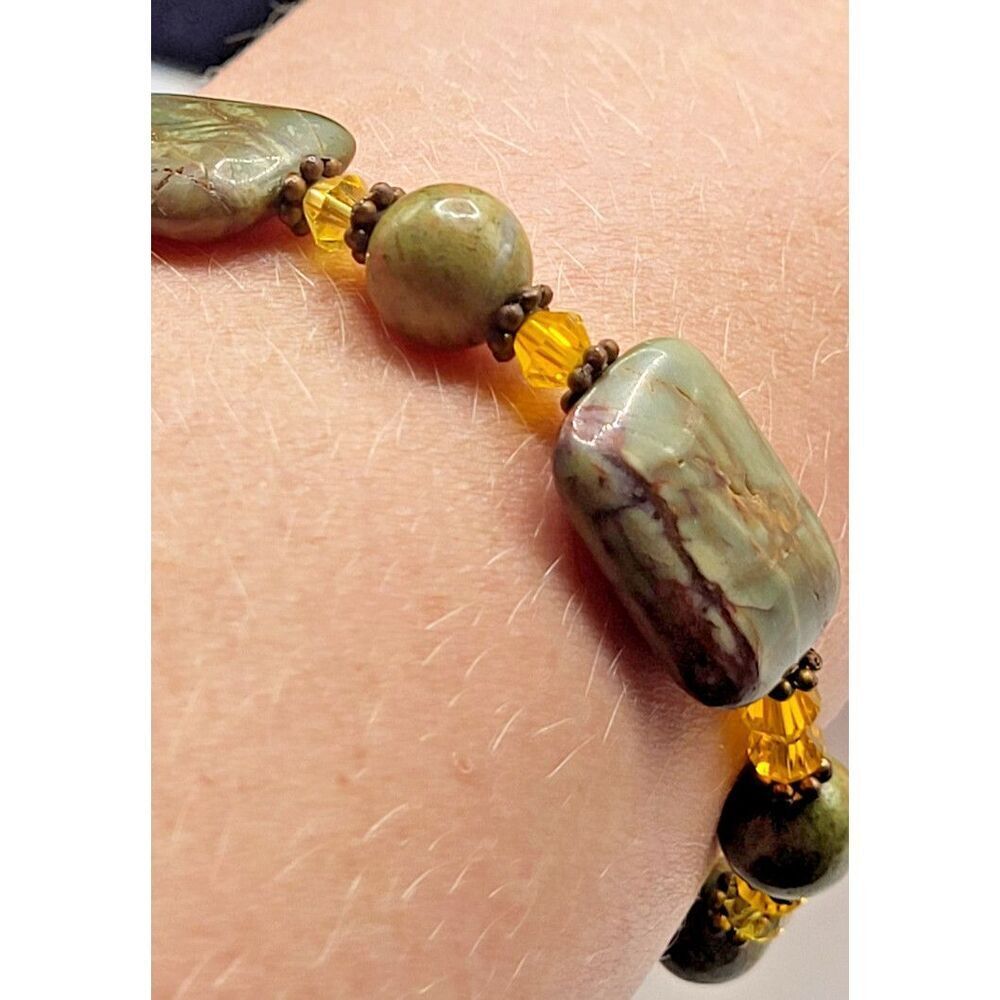 Unakite Beaded Gemstone Bracelet 7.5in Artisan Magnetic